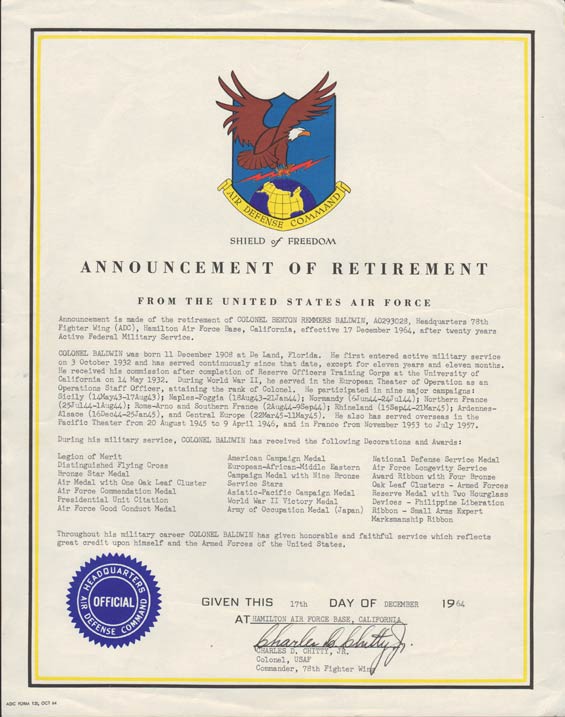 Retirement Certificate, December 17, 1964 (Source: Baldwin Family) 